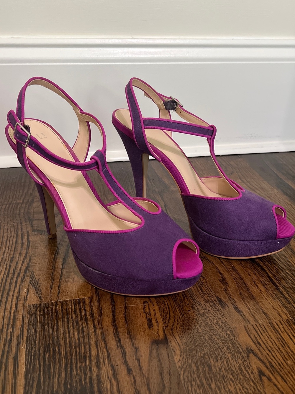 Elle Purple Suede Peep-Toe T-Strap High Heels with Pink Trim
